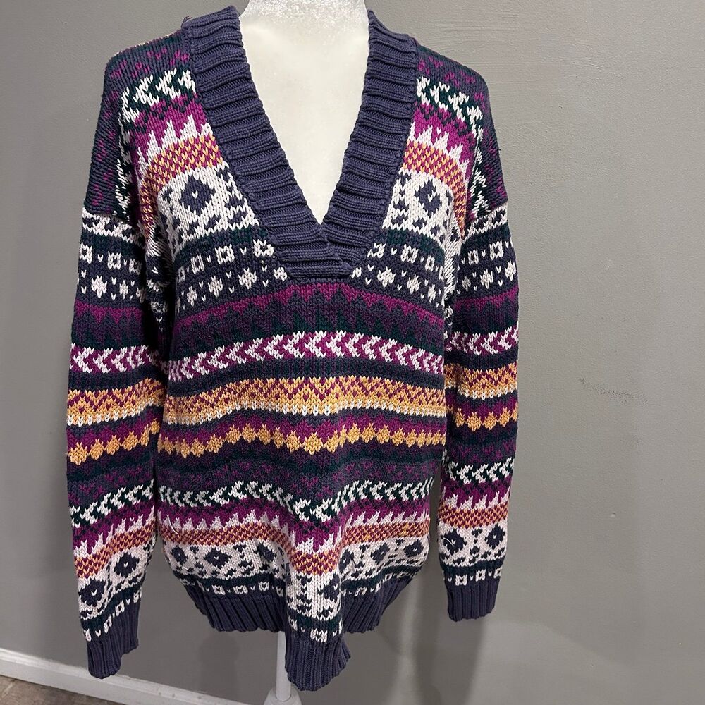 Westbound Vintage Fair Isle V Neck Sweater Medium Chunky Knit Aztec Pullover